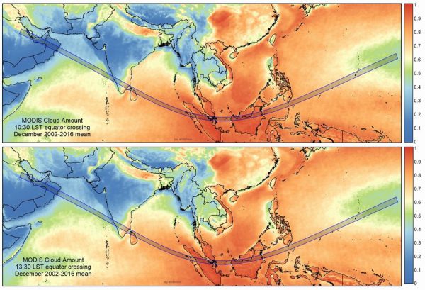 日食帯の雲量分布(上段10:30、下段13:30) ※eclipsophile.comのデータによる