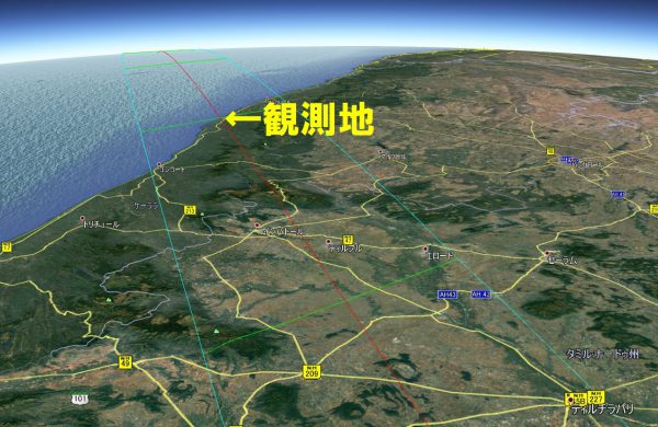 観測地となるホテルは日食帯中心ラインのほぼ真下 ※Astro Arts Inc.社 Eclipse Navigator Ver.2のデータを一部加工